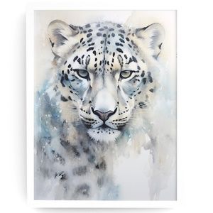 Watercolor Snow Leopard Portrait Wall Art Illustration Print Poster Unframed